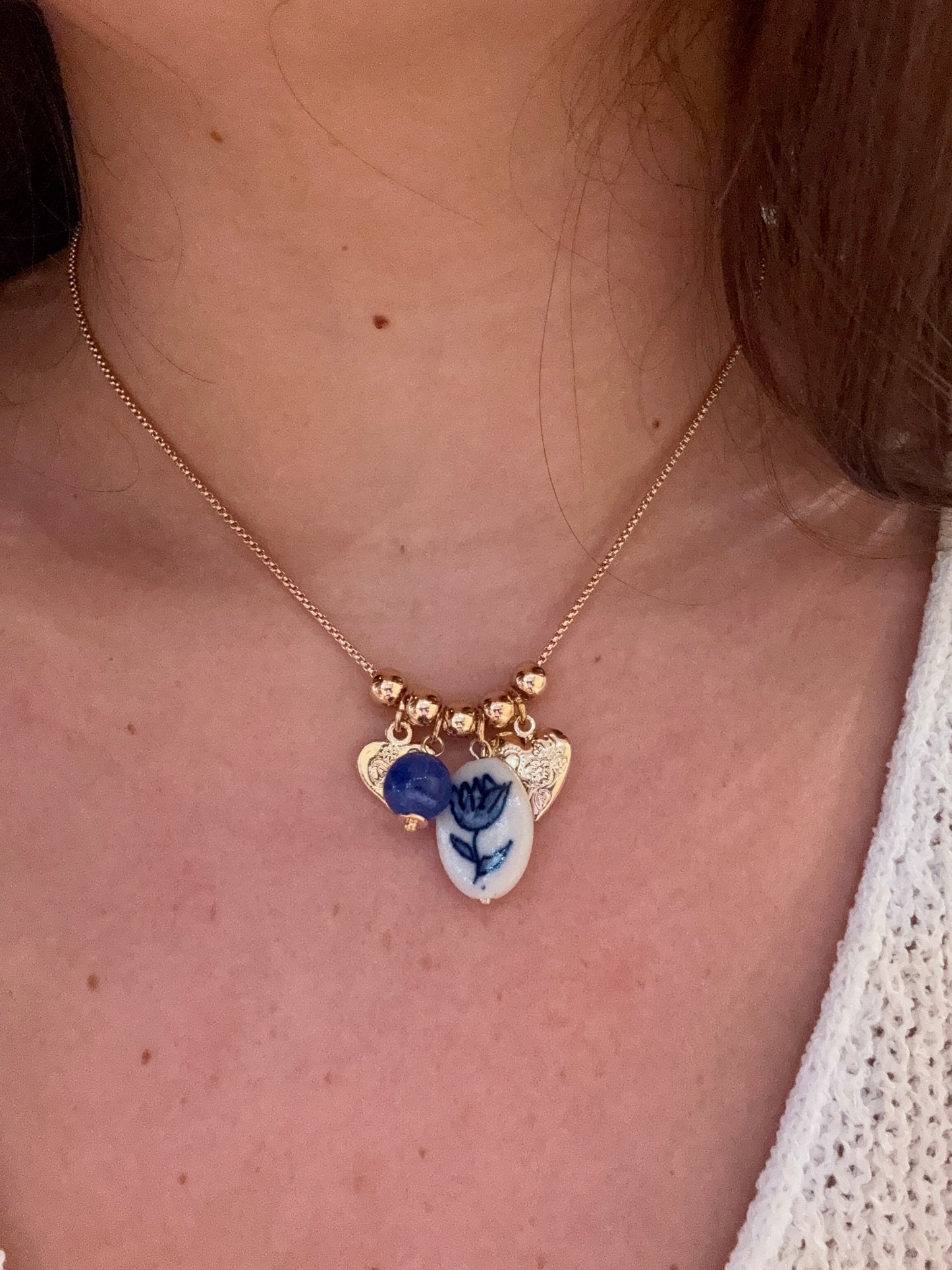 Ceramic Pearl and Heart Charm Necklace